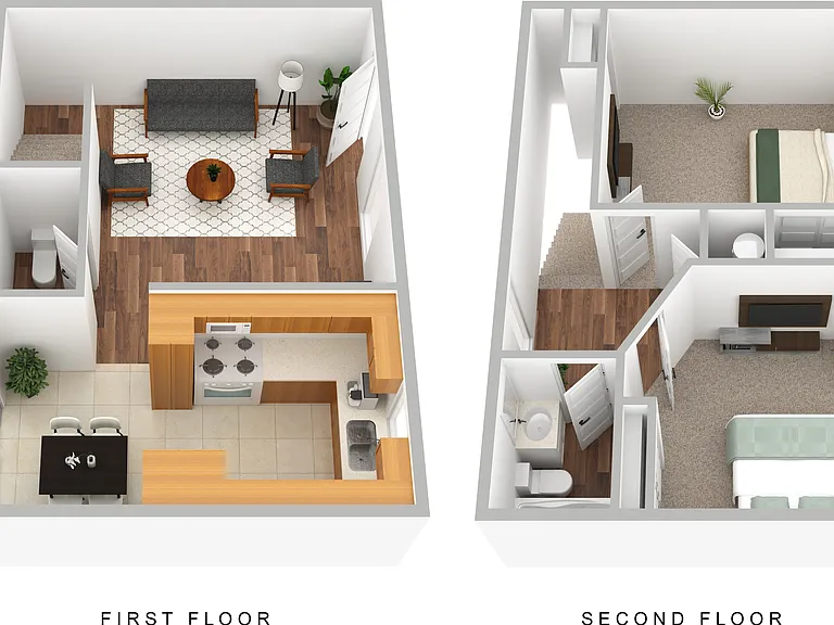 3D Furnished two-bedroom, one-and-one-half-bathroom floor plan rendering 3D Furnished two-bedroom, one-and-one-half-bathroom floor plan rendering