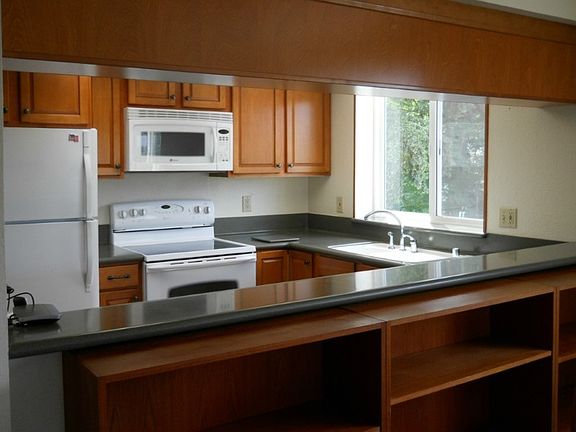 Open Corian countered kitchen with window. 2 super bright skylights here. Removable book shelves under the bar at this time. Tons of new quality cabinets. Immaculate ! 