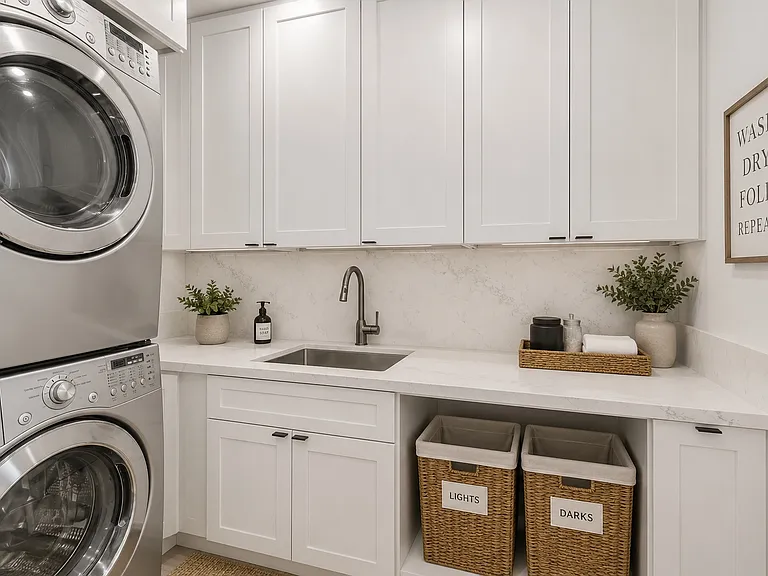 The laundry room is located off of the 1st floor hallway. This room is also prepared to serve as a kitchenette for the downstairs bedroom. It is wired and prepared for a mini-fridge and stove cooktop/microwave to make that bedroom even more independent.