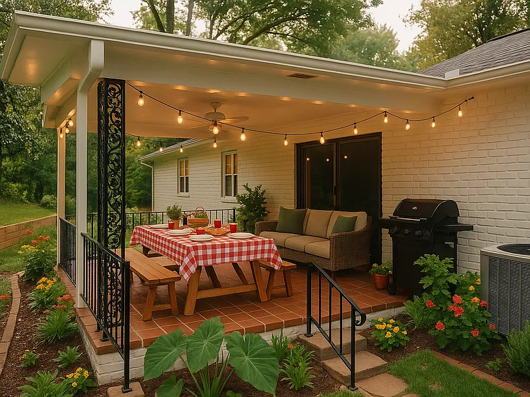 This picture is a staged image of the covered patio. Railing encloses entire patio except for stairs. AI staged for photo.