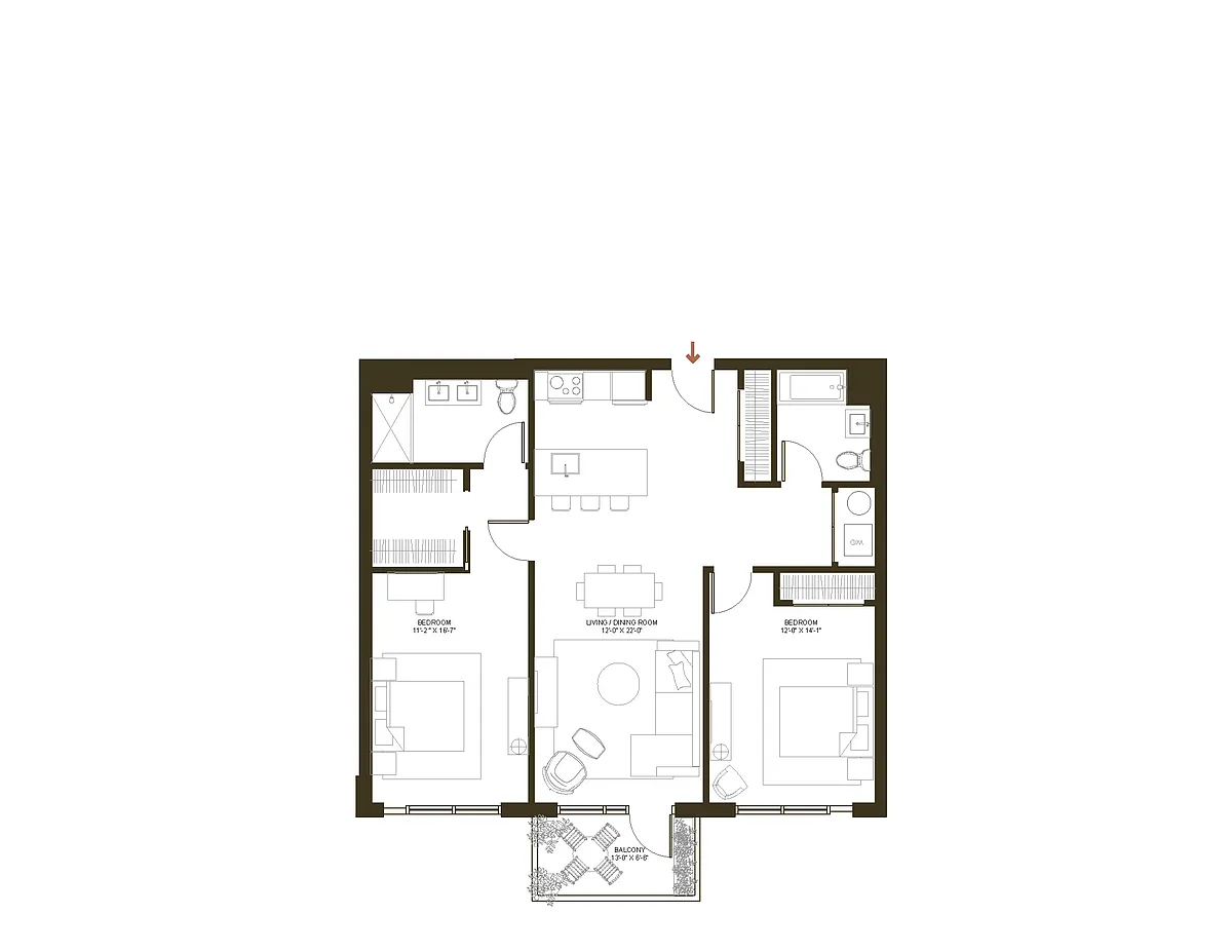 Floor plan 2B-2B W Balcony