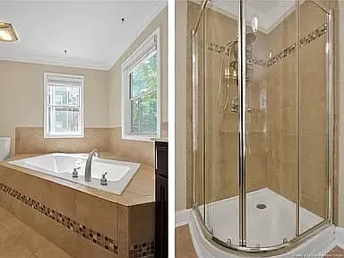 Split photos showing the upgraded, tiled garden tub and standup shower.