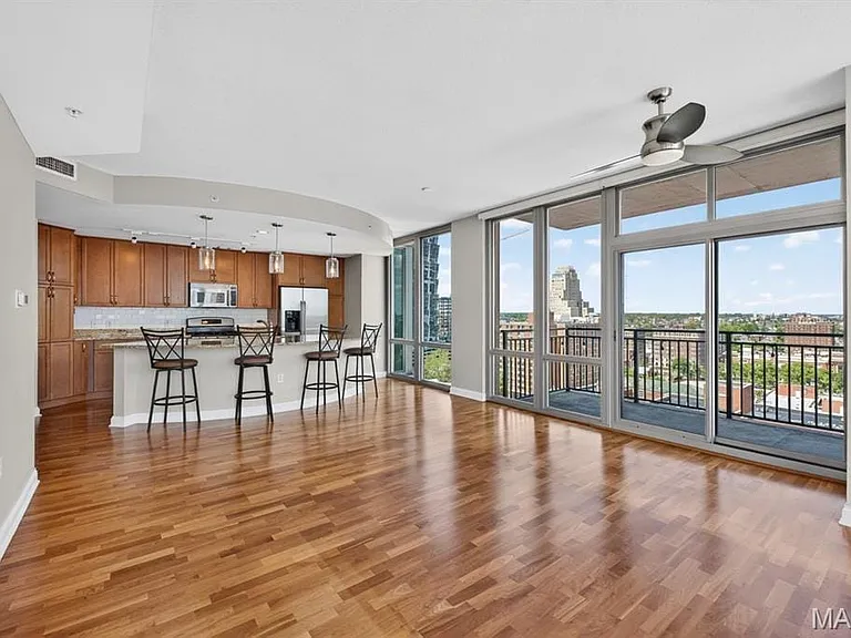 Open-concept living area with wood-finish flooring