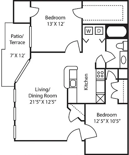 Floor plan B1 2 Bedroom 1 Bath 978sf
