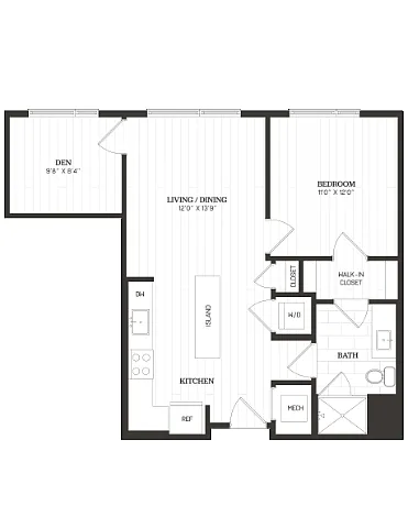 Floor plan 1 Bed/1 Bath Den-B1