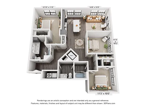 Floor plan 3-Bedroom 2-Bathroom | 1,343 sqft