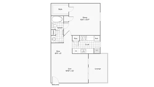 Floor plan 1 BR x 1 BA with W/D - B