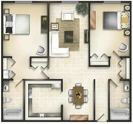 Floor plan 2 bed / 2 bath flat 1,067 sqft at Rolling Hills