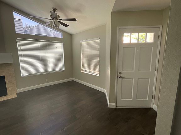 Entry door and dining area