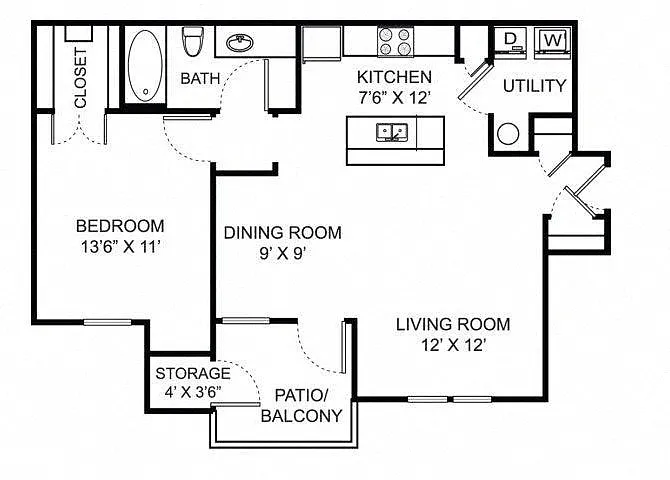 Floor plan 1 Bed 1 Bath A2