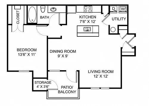 Floor plan 1 Bed 1 Bath Renovated A2