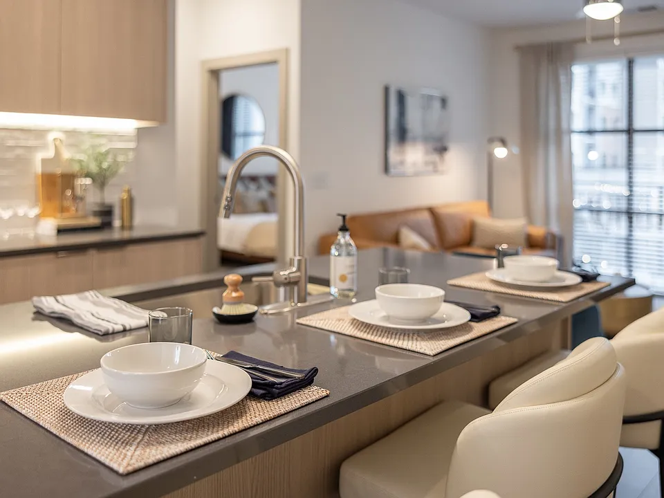 Stylish open-concept layout with kitchen island and inviting living space.