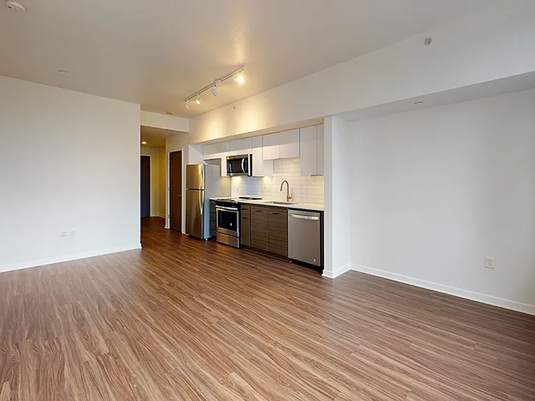 Apartment kitchen with stainless steel appliances, dining and living room with wood-style flooring.