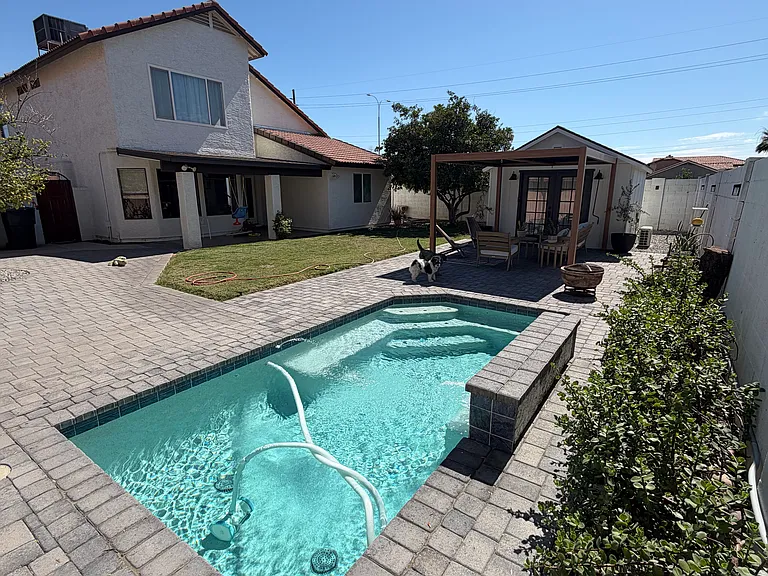 Backyard (Pool, Detached Office, Pergola, Pavers and Green Area.