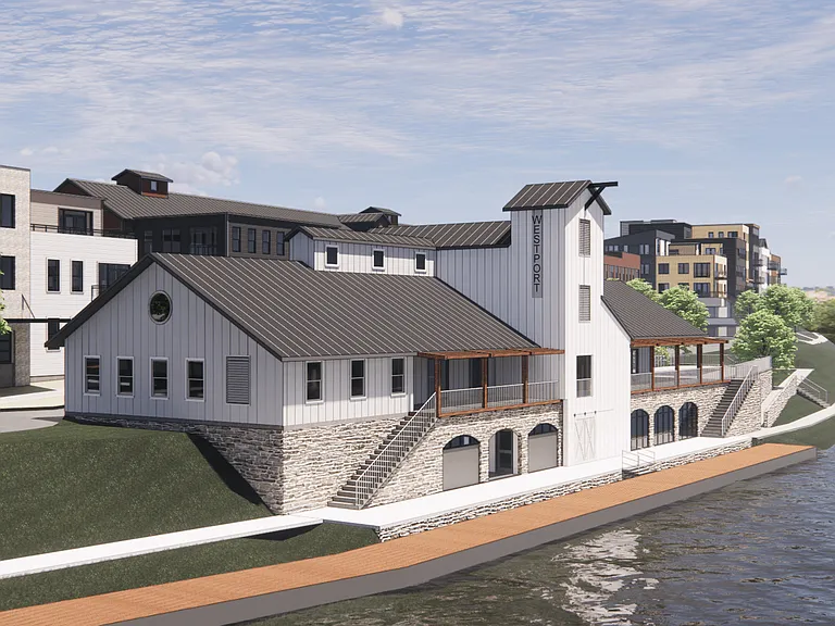 Artist rendering of the Westport Crossing Community Center, boat dock/launch and restaurant to be built in the future