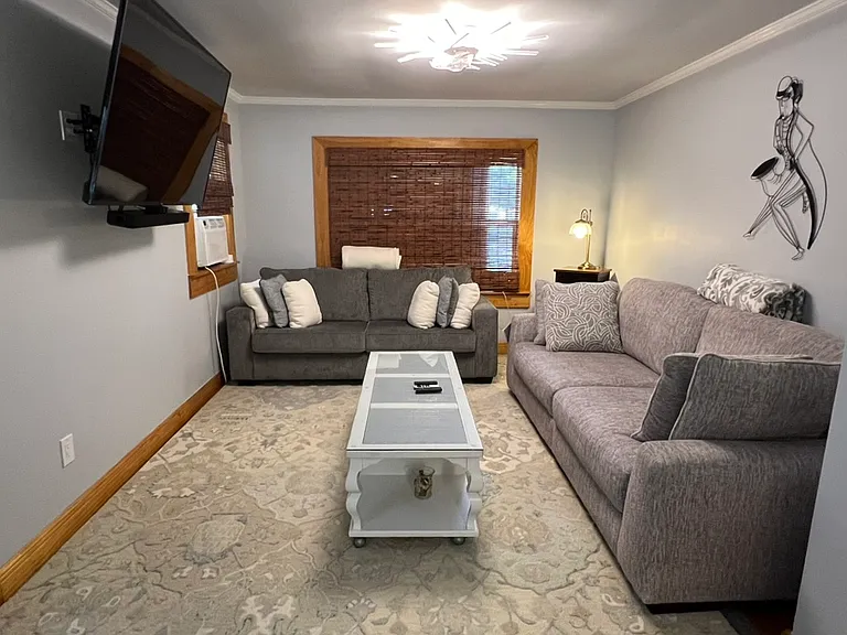 2 lg plush couches. Darker one folds out to queen bed w/ Tempur-pedic mattress. New, gorgeous sculpted carpet. Modern lighting w/ ceiling fan.