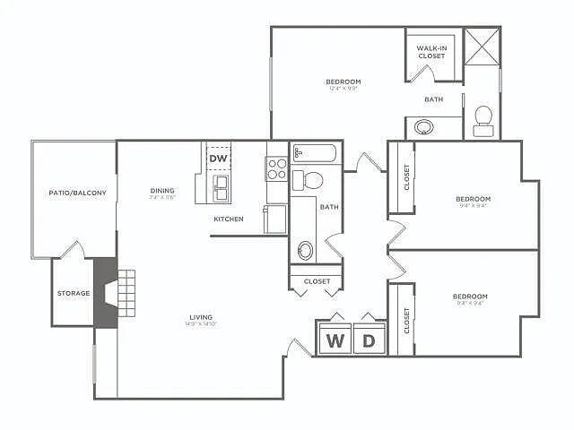 Floor plan Three Bedroom / Two Bath (1109 SF) Renovated