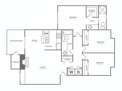 Floor plan Three Bedroom / Two Bath (1109 SF) Renovated