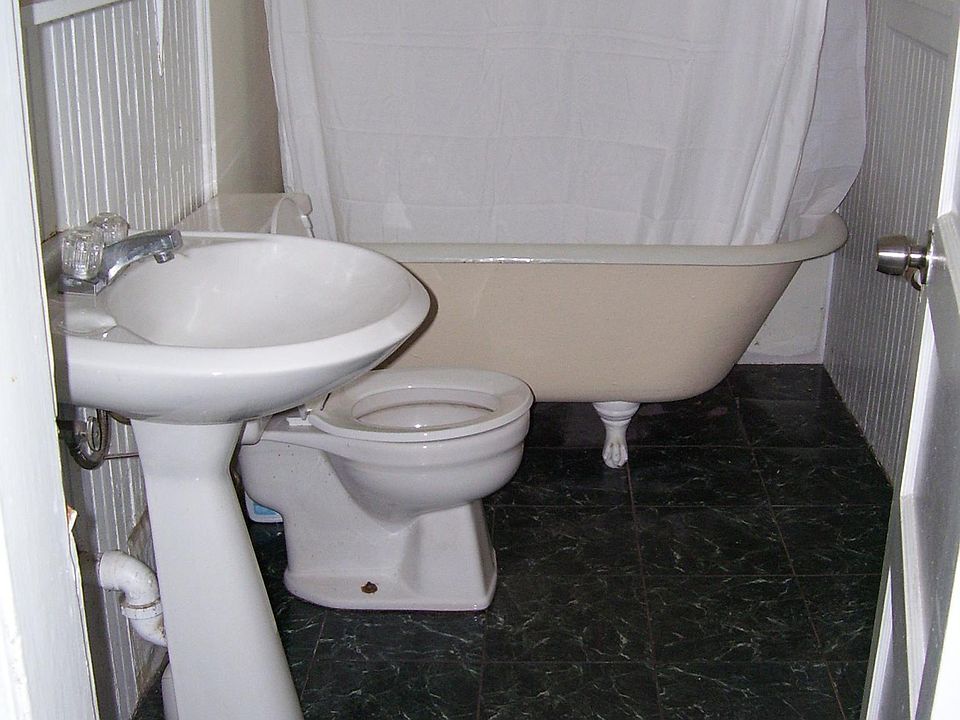 Claw foot tub and pedistal sink with mirror.