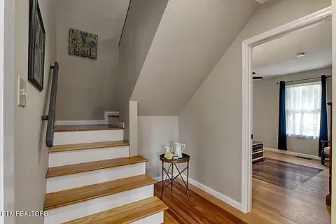 Hardwood on stairs.