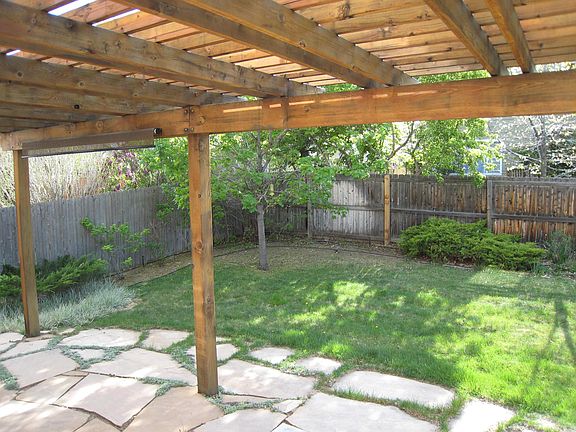 Backyard with patio and pergola.