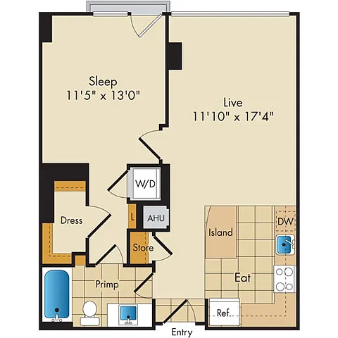 Floor plan 1 Bed 1 Bath-A10b
