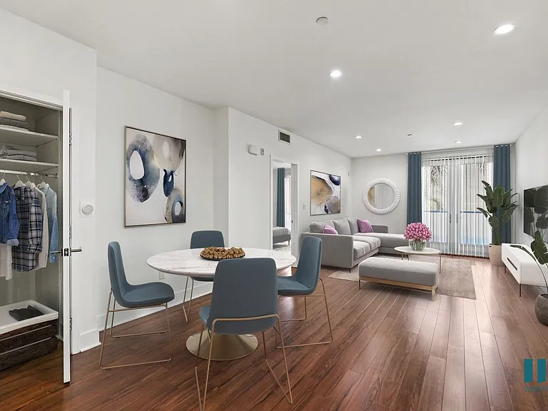 Dining and Living Room with Hall Closet, Vinyl Flooring, Recessed Lighting, and Balcony