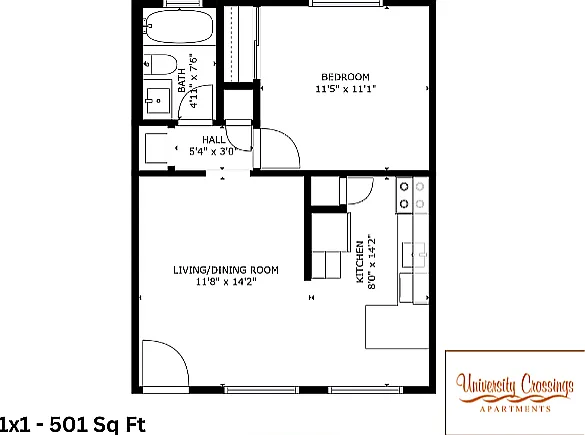 Explore the intelligently designed 1-bedroom layout at University Crossings Apartments. Explore the intelligently designed 1-bedroom layout at University Crossings Apartments.