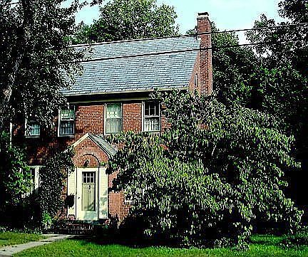 Brick home on tree lined street.