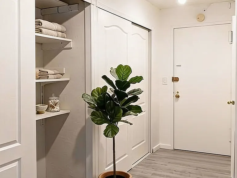 View of entrance from inside, showing two Coat and Shoe Closets. AI-generated, size-true decor.