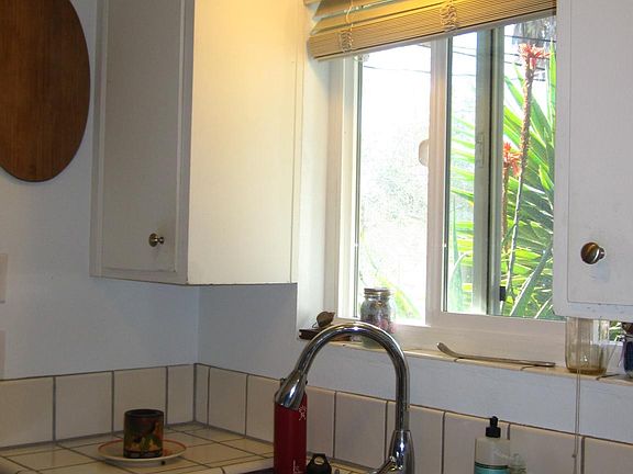 Kitchen window looks to greenery