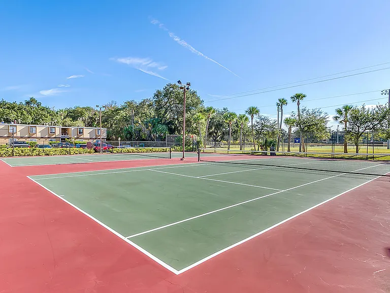 Vibrant tennis court nestled within lush greenery, perfect for active recreation and relaxation.