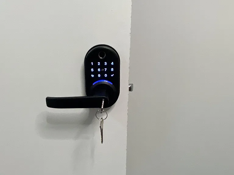 Secure entry with a keypad smart lock and lever handle for convenient, keyless access.