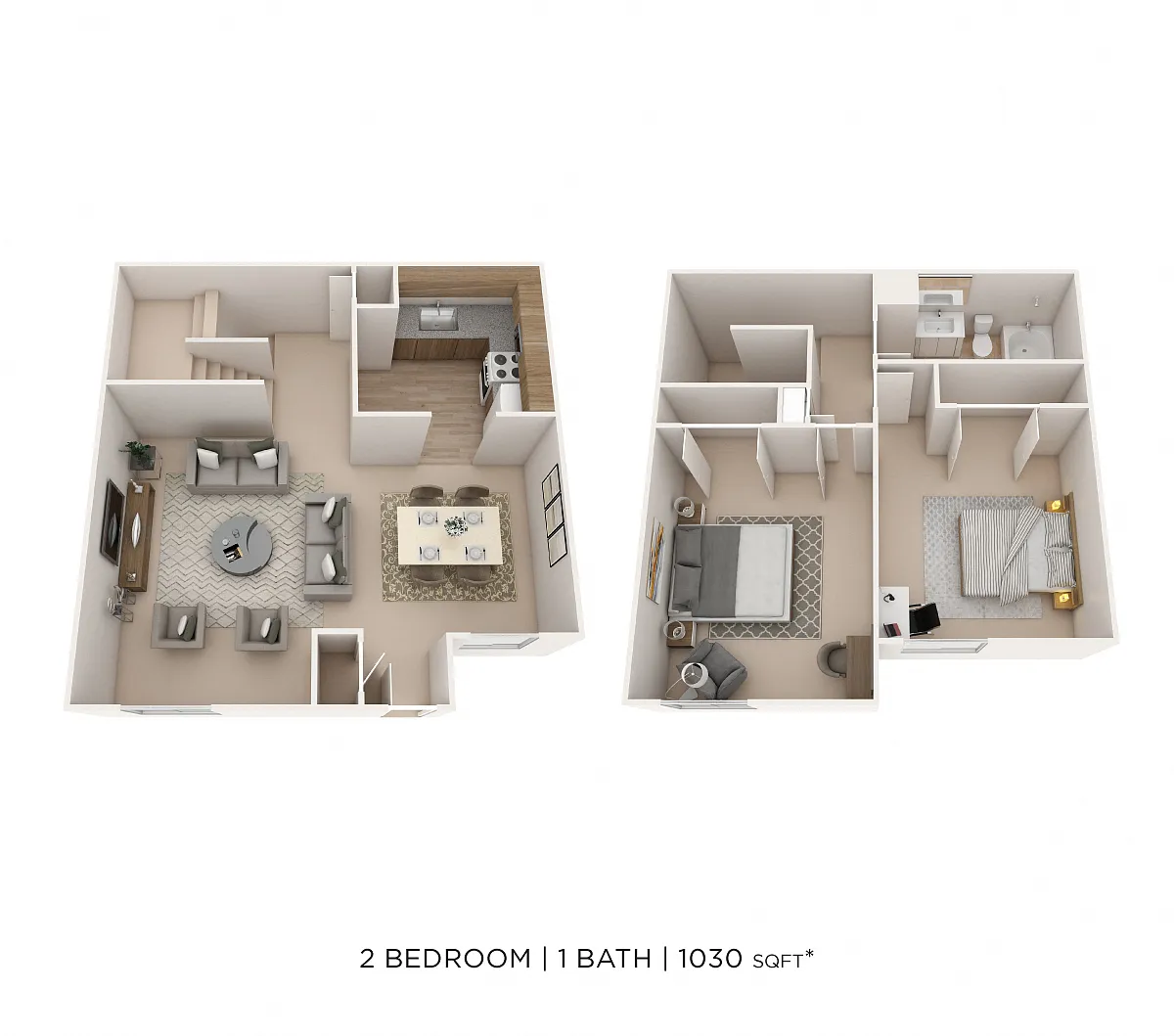 Floor plan Two Bedroom 1.5 Bath Townhome - 1,030 sqft