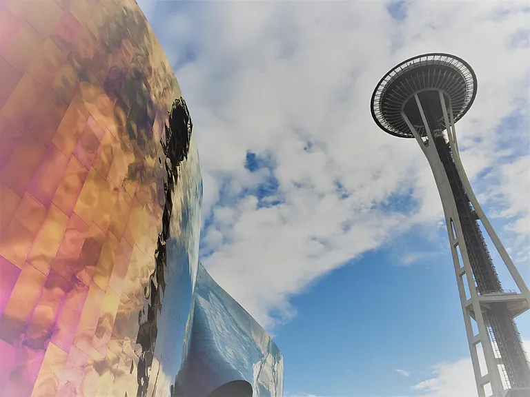 This building was built for the 1962 worlds fair. Seattle Center is closeby.