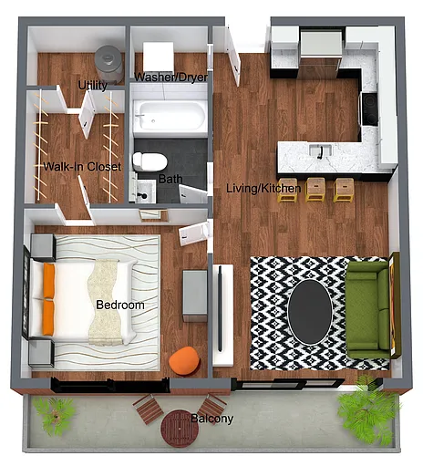 Floor plan 1 Bedroom w/ Balcony