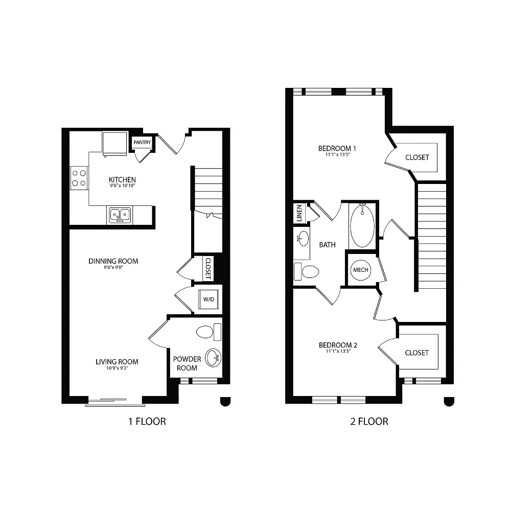 Floor plan 2BR/2BA Townhouse 1065 SF TB4A