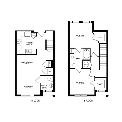 Floor plan 2BR/2BA Townhouse 1065 SF TB4A