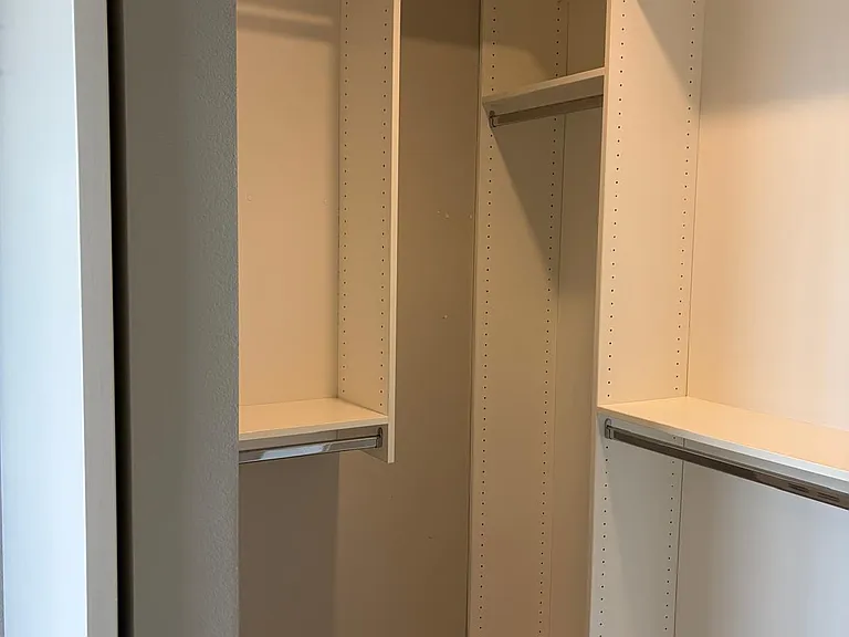 Inside walk-in closet with storage