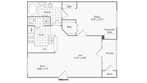 Floor plan 1 Bed 1 Bath Washer Dryer A