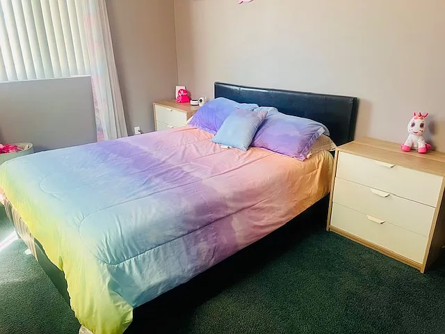 Bedroom #4: Full size bed, Nite stands w/ 3 drawers, Black-out curtains, Spacious closet, Vanity, Portable fan, Toddler table