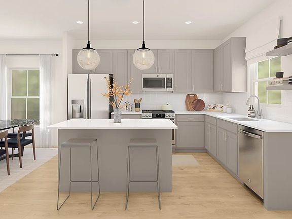 Kitchen with pendant lighting floating shelves