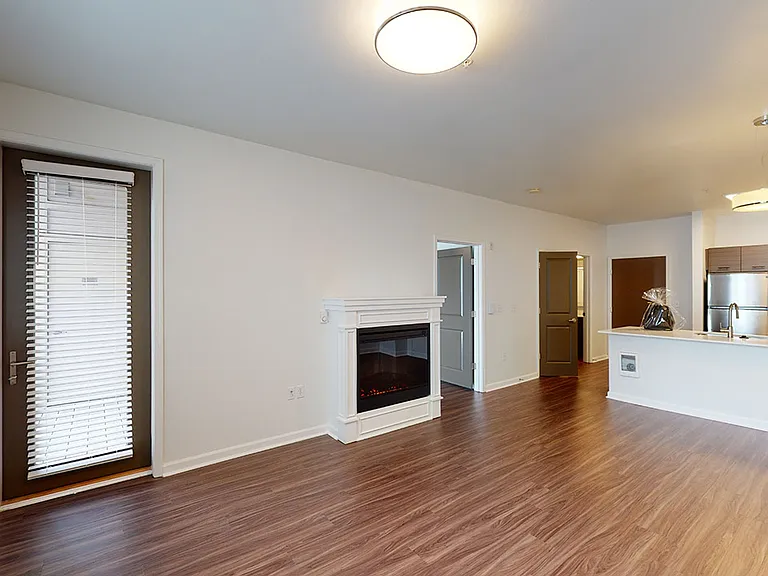 Apartment kitchen with stainless steel appliances, dining and living room with wood-style flooring.