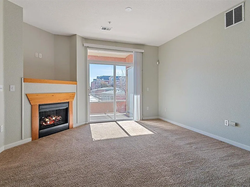 Gas fireplace and patio view