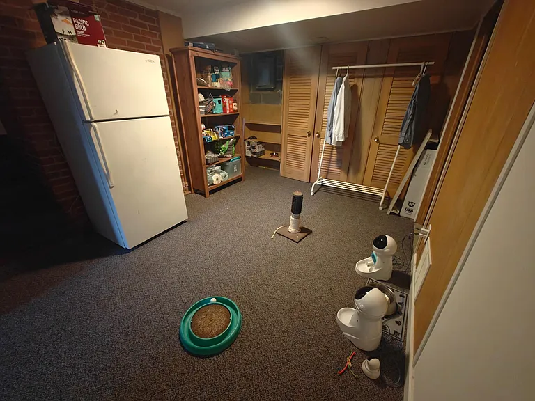 Basement with extra refrigerator, additional storage.