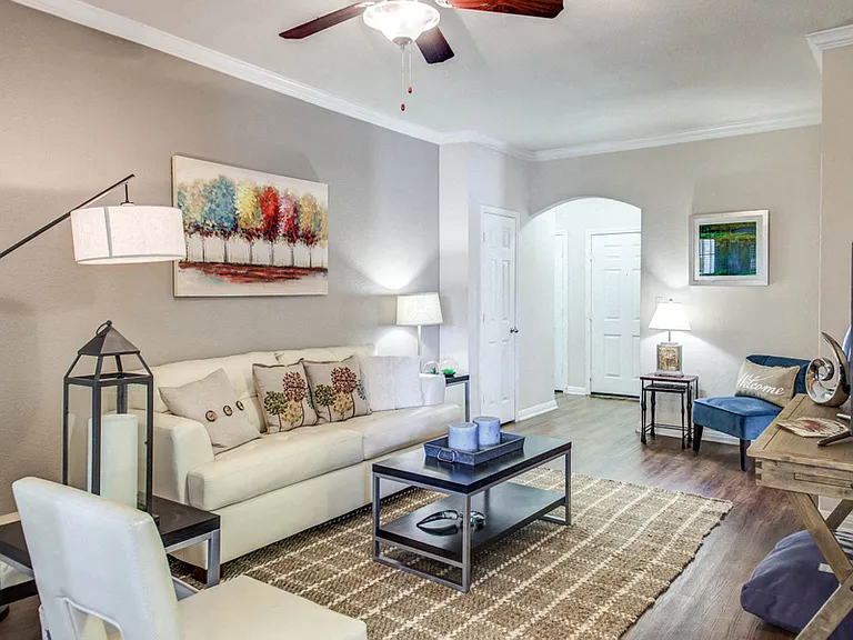 Apartments for Rent in Austin TX - Open Space Living Room with Hardwood Floors, Stylish Interior, and Ceiling Fan