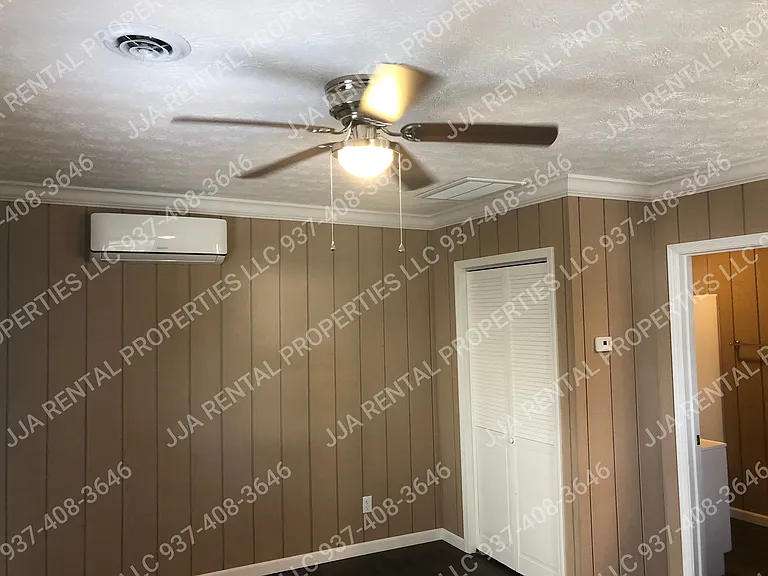 living room/bedroom pic, bedroom closet and ceiling fan