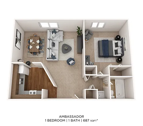 Floor plan One Bedroom- 687 sqft