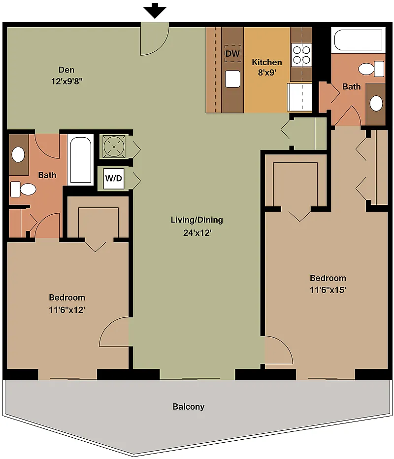 Floor plan 2 Bed - 2 Bath - DEN