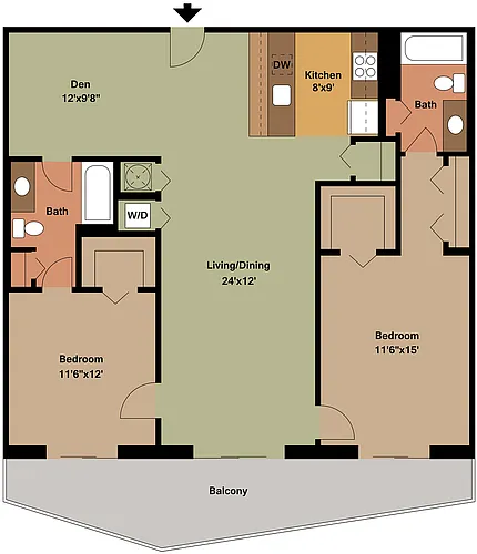 Floor plan 2 Bed - 2 Bath - DEN